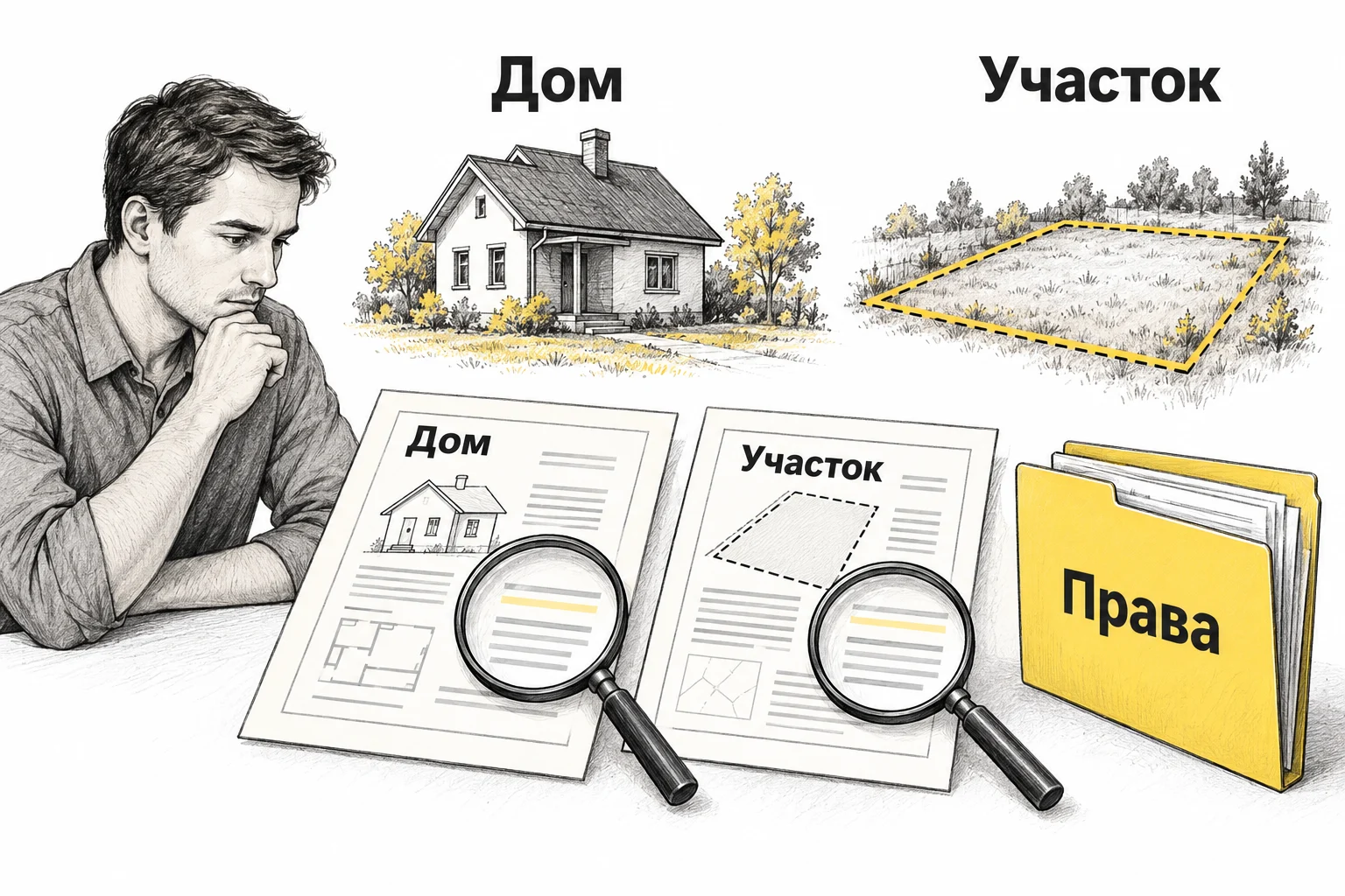 Покупатель сопоставляет документы на дом, участок и продаваемые права