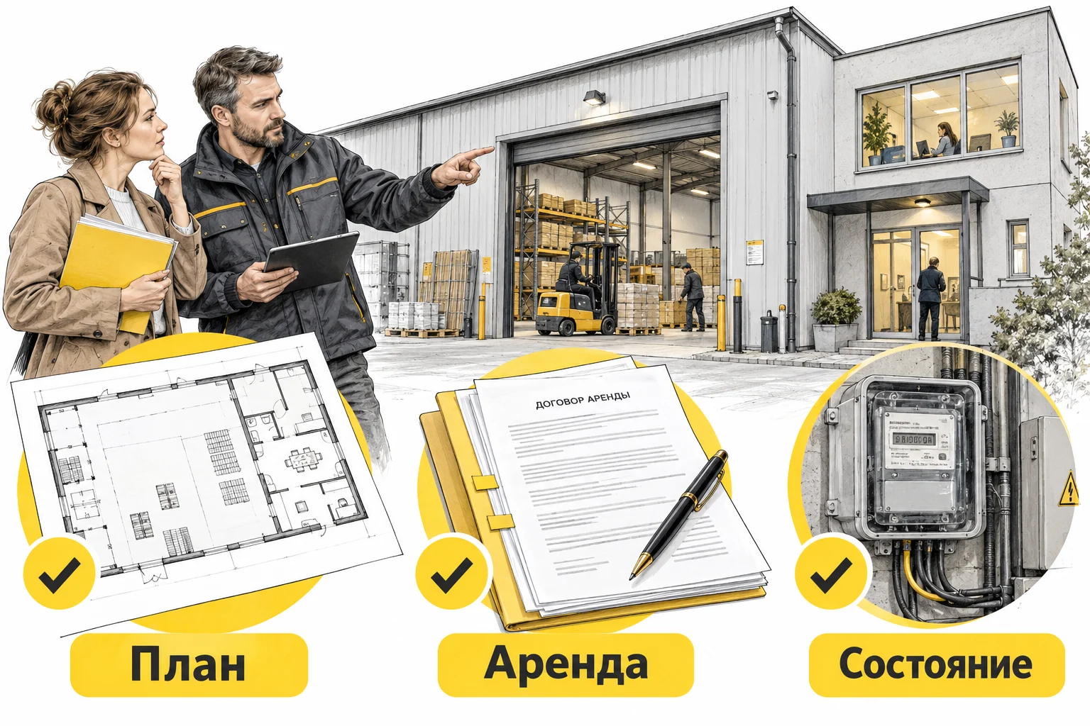Покупатель коммерческого помещения изучает план, договоры аренды и состояние инженерных систем