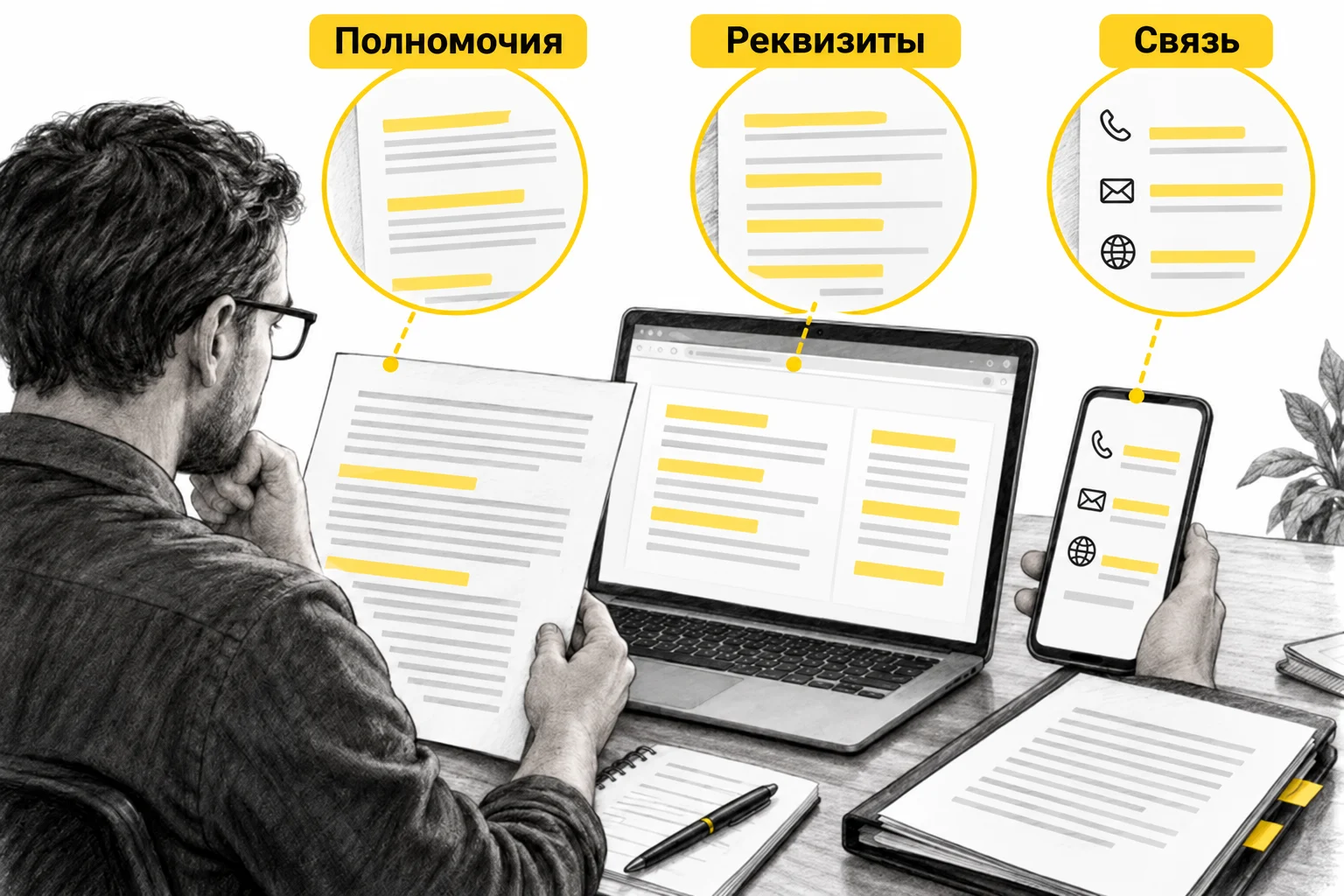 Покупатель проверяет полномочия организатора, платёжные реквизиты и подтверждённые контакты