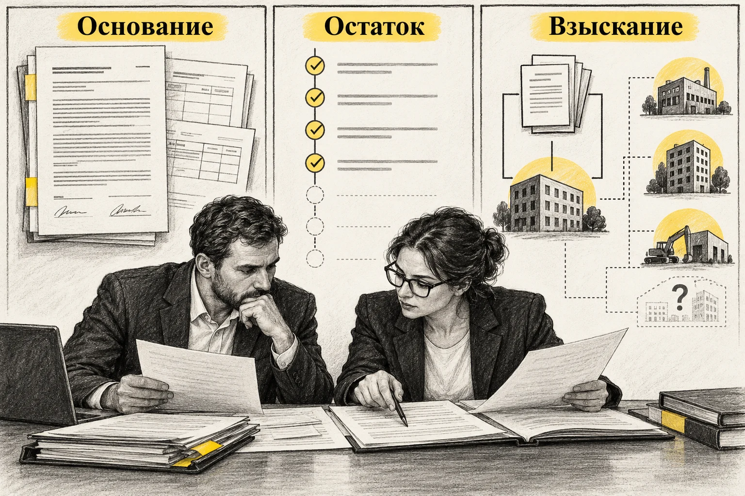 Покупатель и юрист сопоставляют основание требования, остаток долга и возможности взыскания