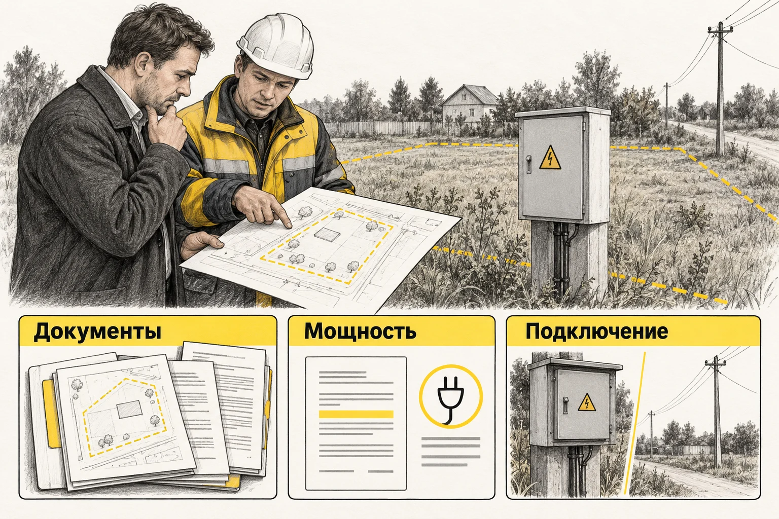 Покупатель и специалист сопоставляют документы, мощность и фактическое подключение