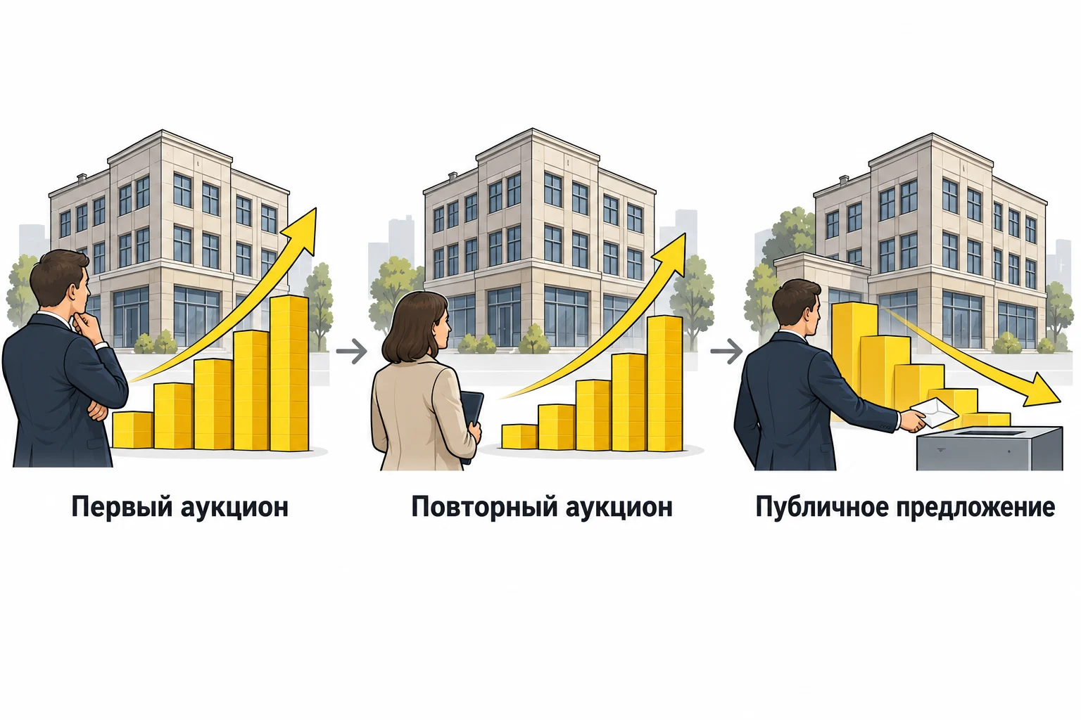 Три этапа продажи имущества банкрота: первый аукцион, повторный аукцион и публичное предложение